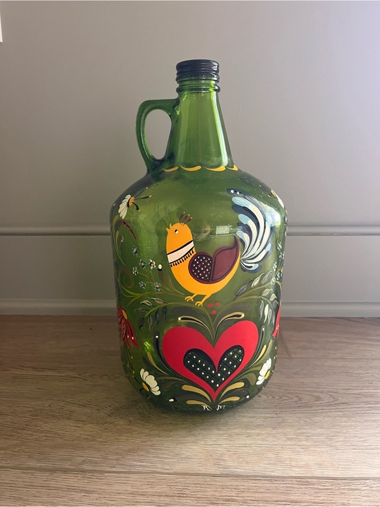 Other - Hand-Painted Green Glass Jug with Folk Art Rooster and Heart